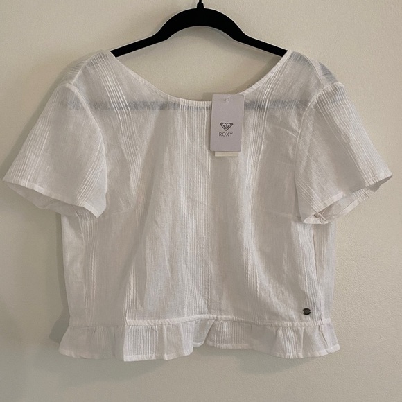 NWT Roxy Ghost Away Peplum White Cropped Blouse with Ruffle Hem Tie Back size M - Picture 3 of 10